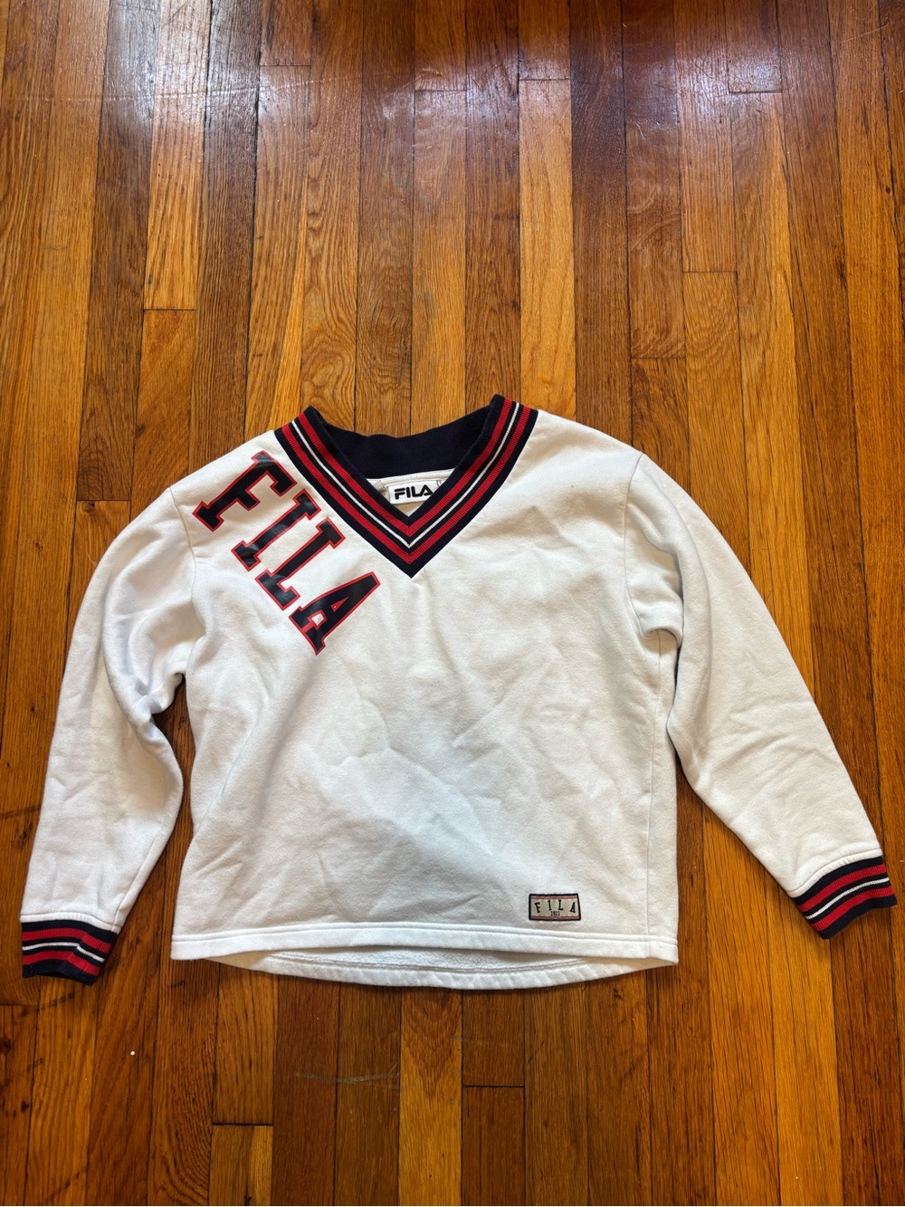 Vintage looking Fila White V-Neck Logo Pullover with Red & Navy Trim